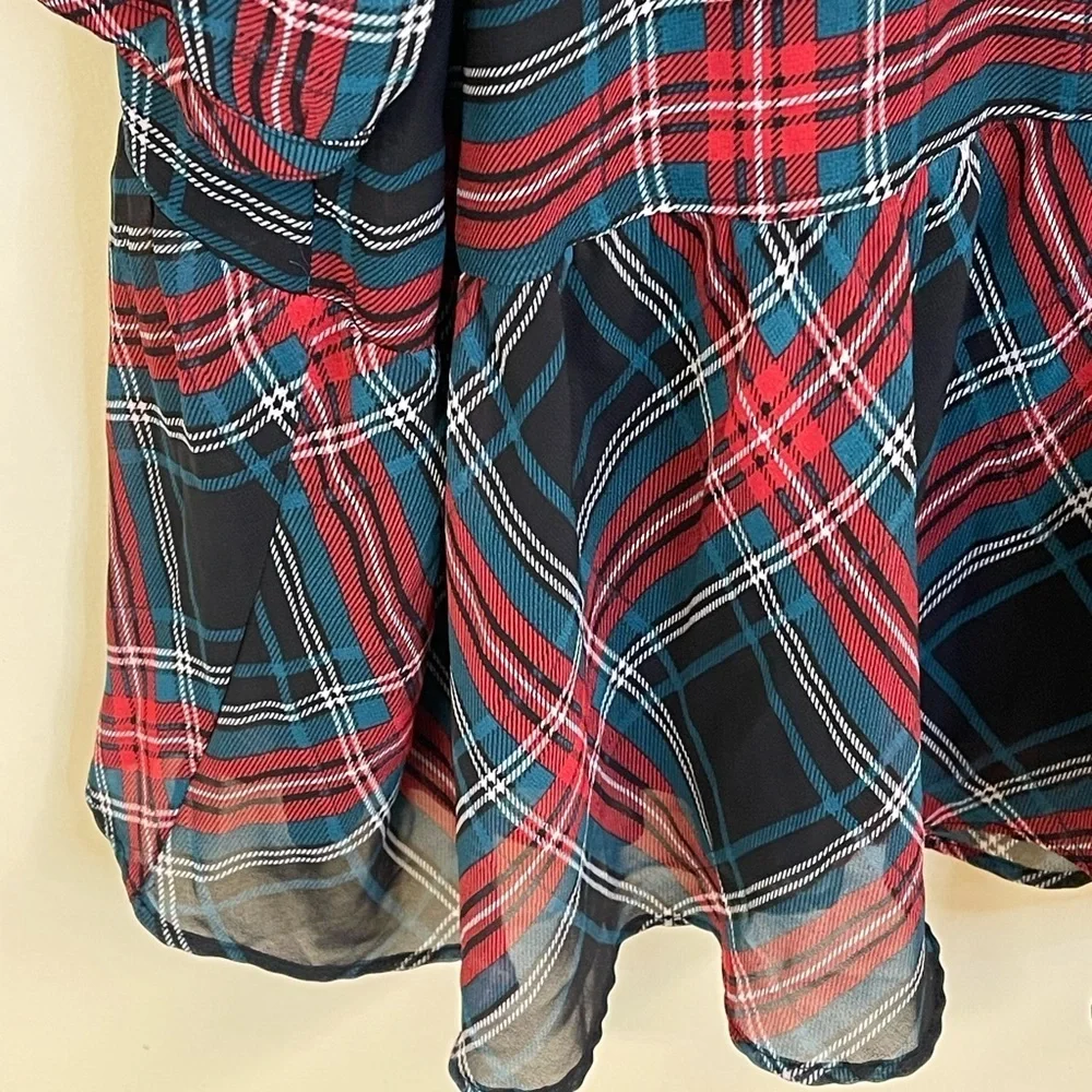 Draper James Plaid Drop Waist Dress XXL Red Blue Tie Neck Long Sleeve Lined